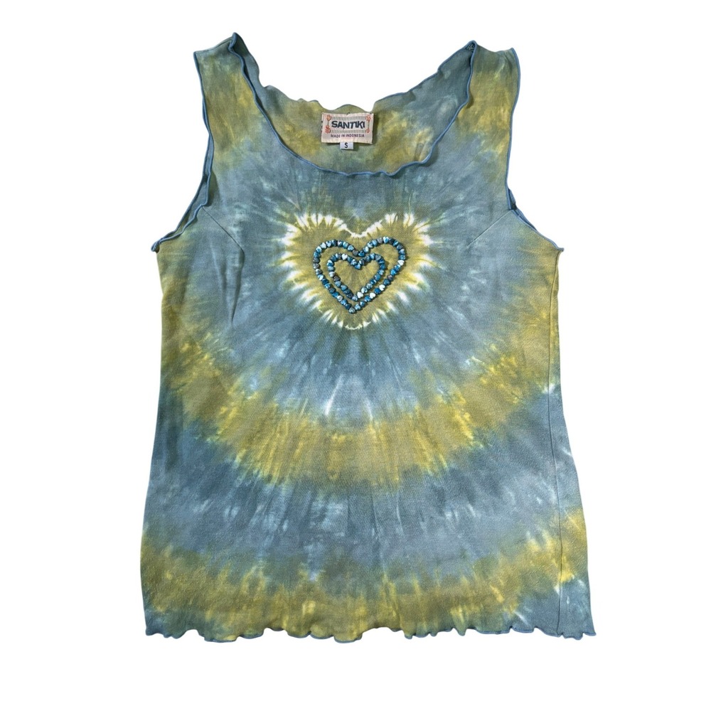 Y2K Santiki Womens Blue Yellow Tie Dye Beaded Heart Lettuce Edge Tank Top Small